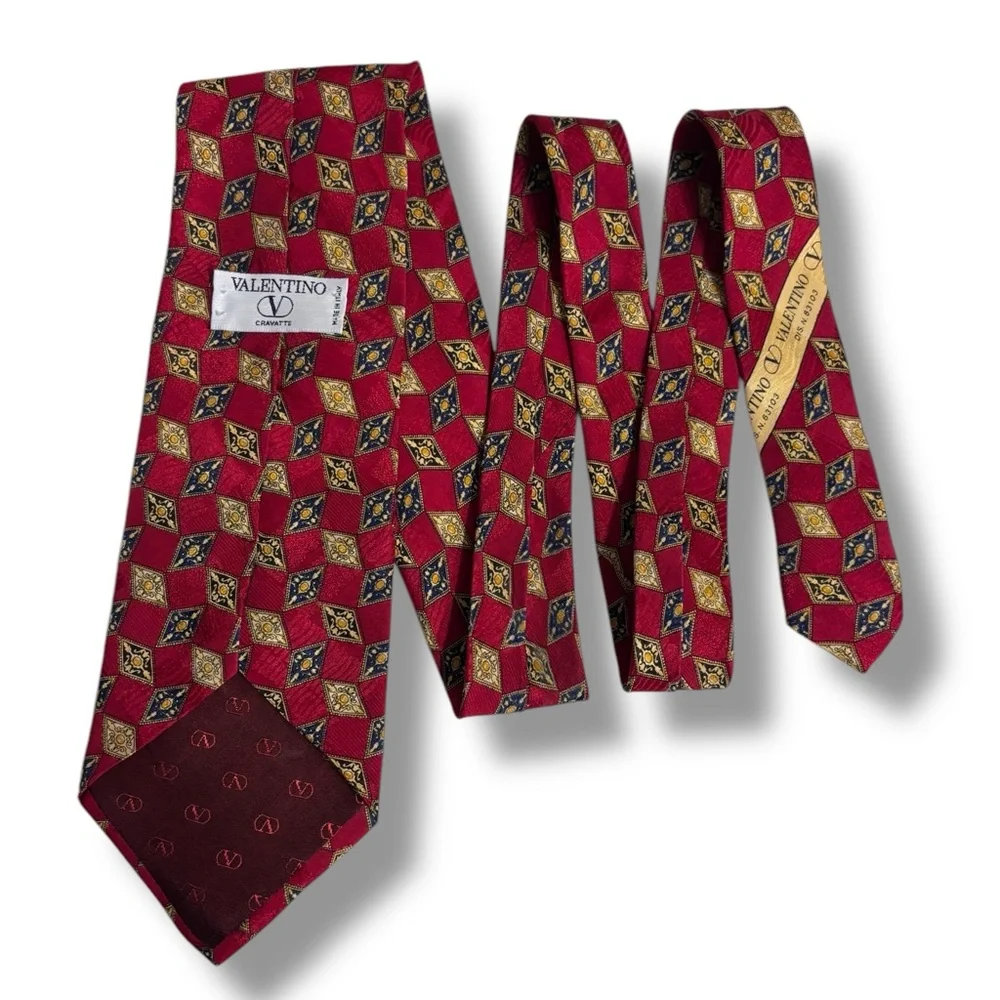 VALENTINO Red, Navy, & Gold Geometric Pattern All Silk Tie